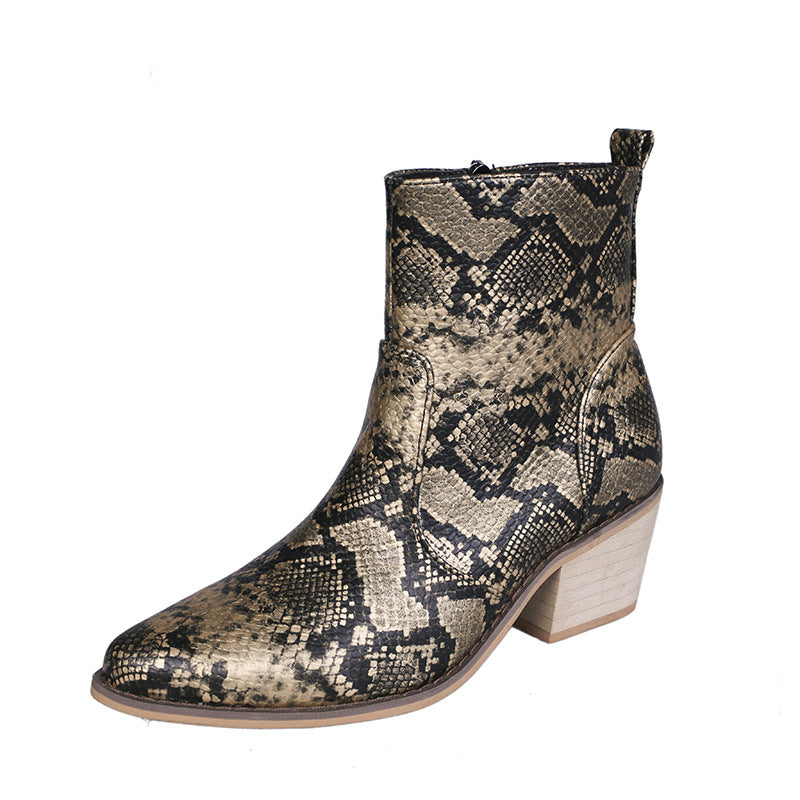Snake Print Square Toe Thick Heel Sexy Short Boots With Side Zipper