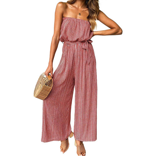 Womens Strapless Striped Printed Lace-Up Wide-Leg Jumpsuit