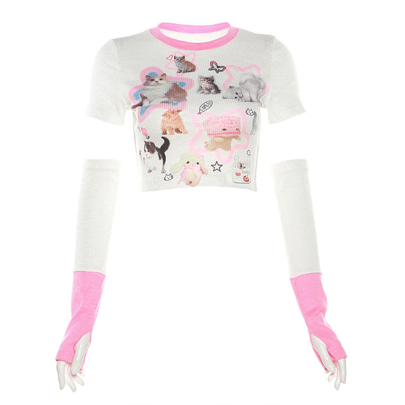 Oversleeves Cat Printing Round Neck Slim Fit Waist Exposed Navel T-shirt