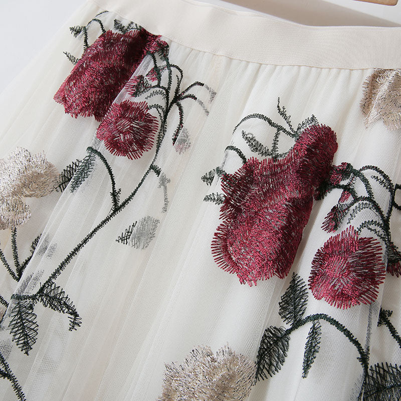 Vintage High Waist Slim Embroidery Big Flower Fashion Sweet Mesh Mid Length Fairy Half Length Dress