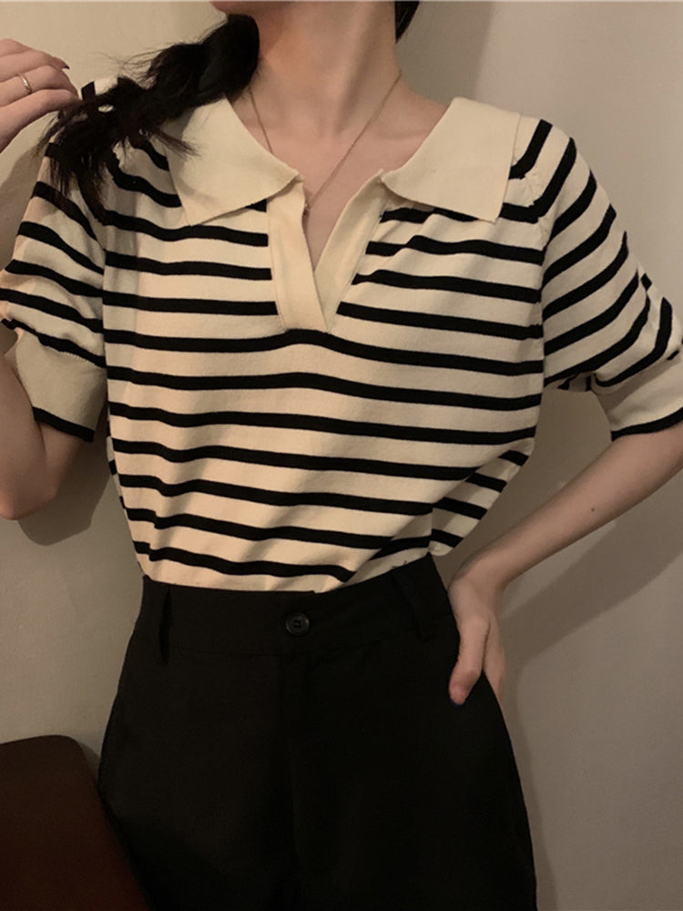 Thin Summer Striped Short Sleeve T-Shirt Knit Top