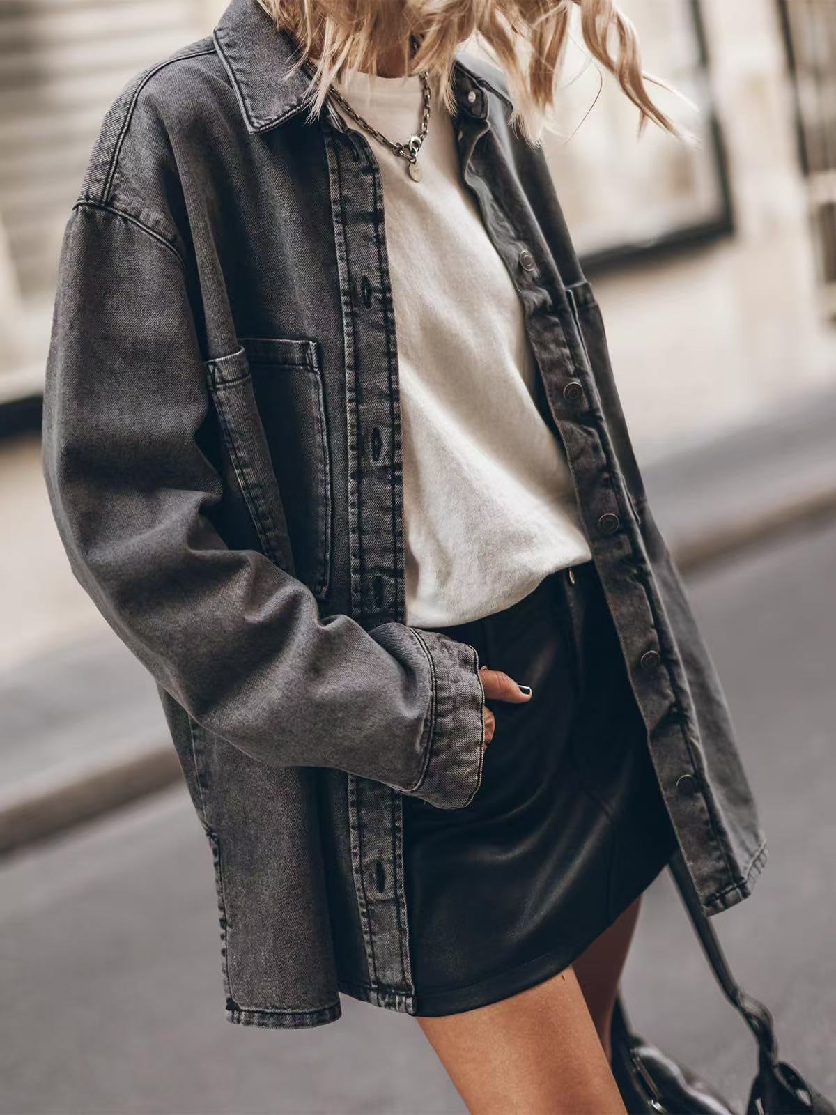 Personalized Large Pocket Loose Denim Shirt