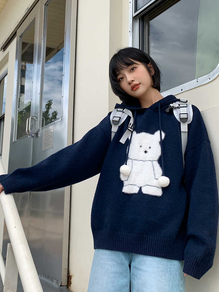 Bear Loose Hooded Warm Sweater Women's Knitted Blouse