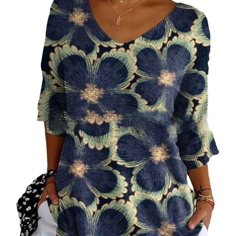 Floral 3d Printed Women's V-neck T-shirt Printed Round Neck Short Sleeve