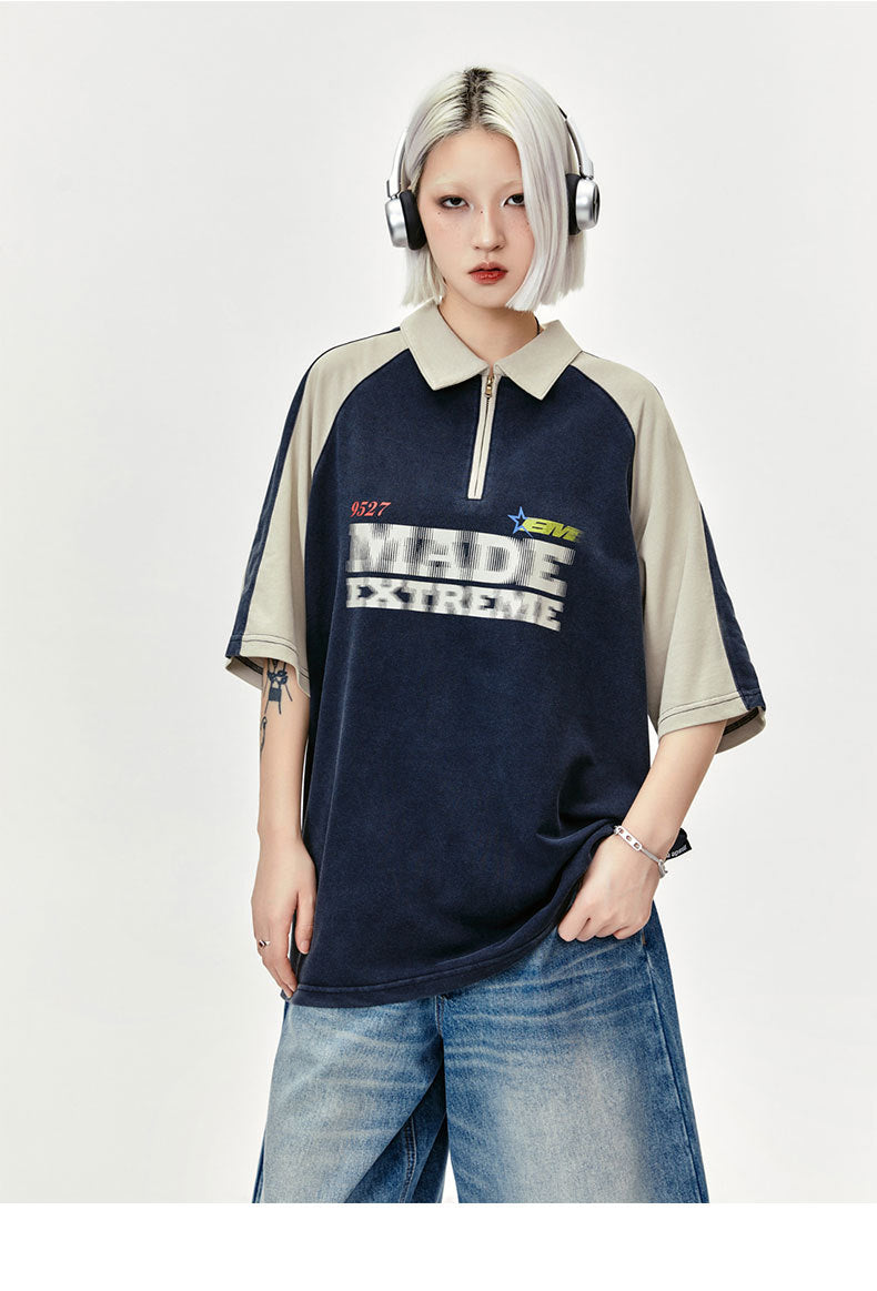 Retro Contrast Color Half Zipper Printed Letter Short Sleeve Polo Shirt