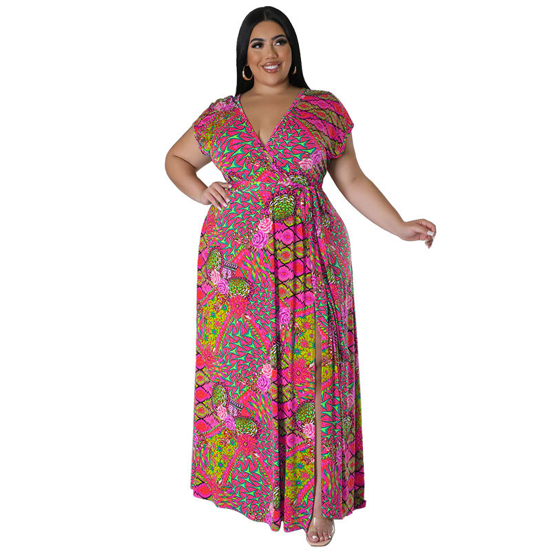 Persian-style V-neck Short-sleeve Split Maxi Dress In Plus Sizes