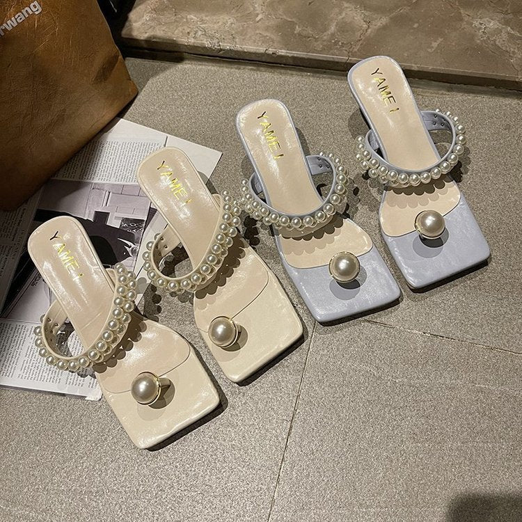 Mid-heel Stiletto Korean Style Beaded Flip Flops Flip Flops Women's Sandals And Women's Slippers