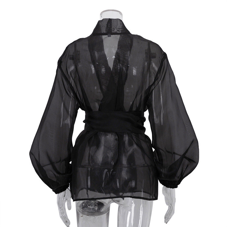 Black Sheer Puff Sleeve V-neck Tie-front Top