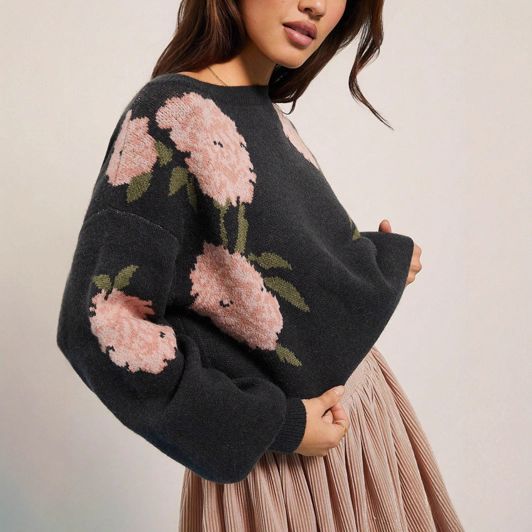 Dame Casual Løs Off Shoulder Blomstret Jacquard Pullover Striktrøje