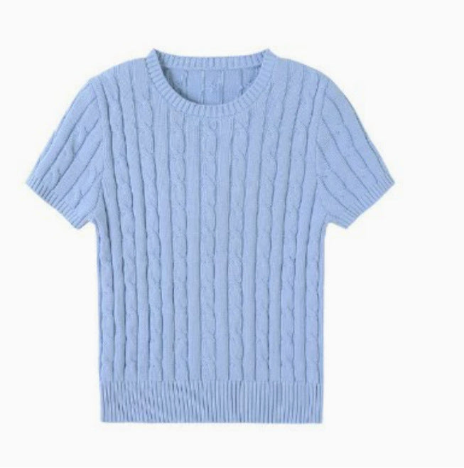 Simple Round-neck Comfortable Rib Short Sleeve Pullover Sweater