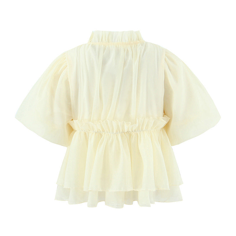Fashionable All-match Puffed Sleeves Lace-up Short-sleeved Doll Shirt