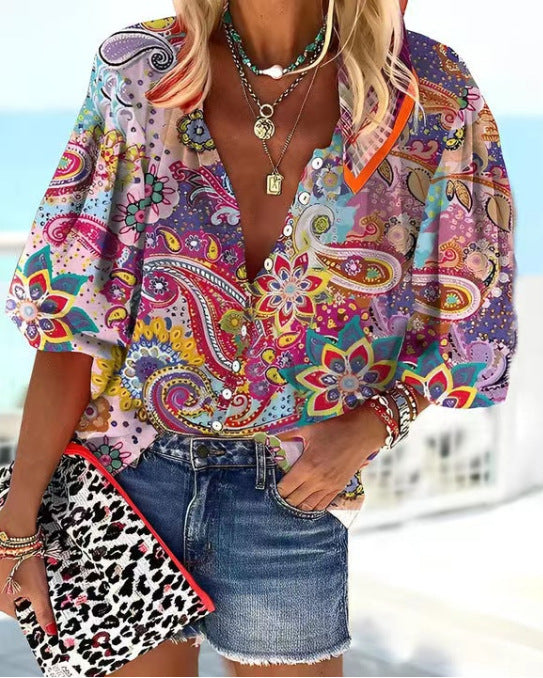 Women's Retro Fashion Stand Collar Loose Button Printed Casual Shirt