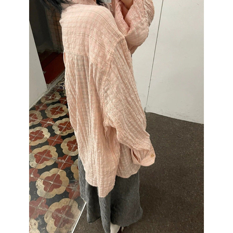 Pleated Seersucker Shirt Casual Loose Outline Plaid Long Sleeve