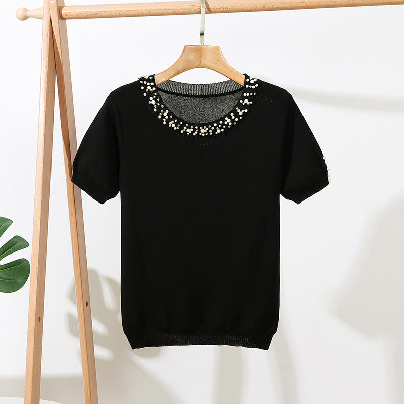 New Solid Color Beaded Short Sleeve Loose Round Neck Pullover Top