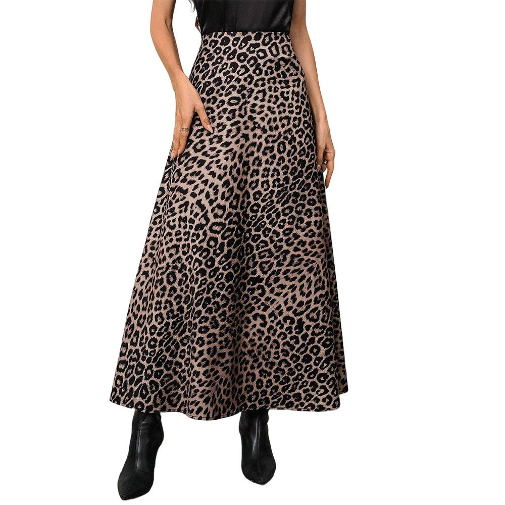 Womens Retro Leopard-Print Full A-Line Skirt