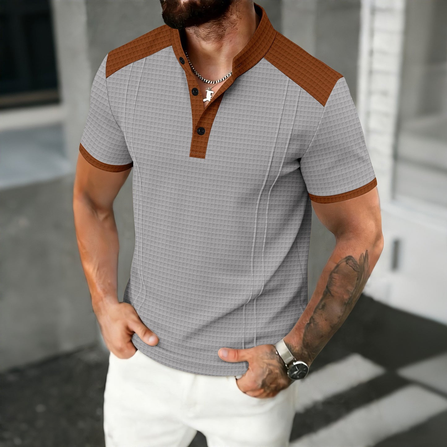 Men's Waffle-Weave Contrasting Color Short-Sleeve Casual Breathable Top