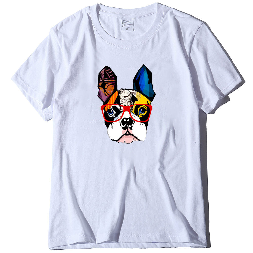 New European And American Dog Print Top With Glasses Short Sleeve
