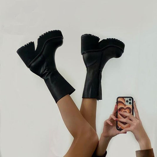 Platform Round Toe Side Zip Low Boots