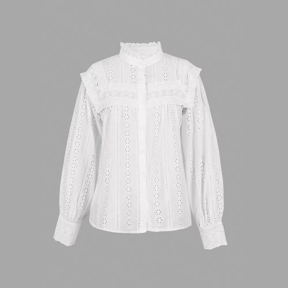 Resort-Style Solid-Color Hollow-Out Embroidered Womens Top