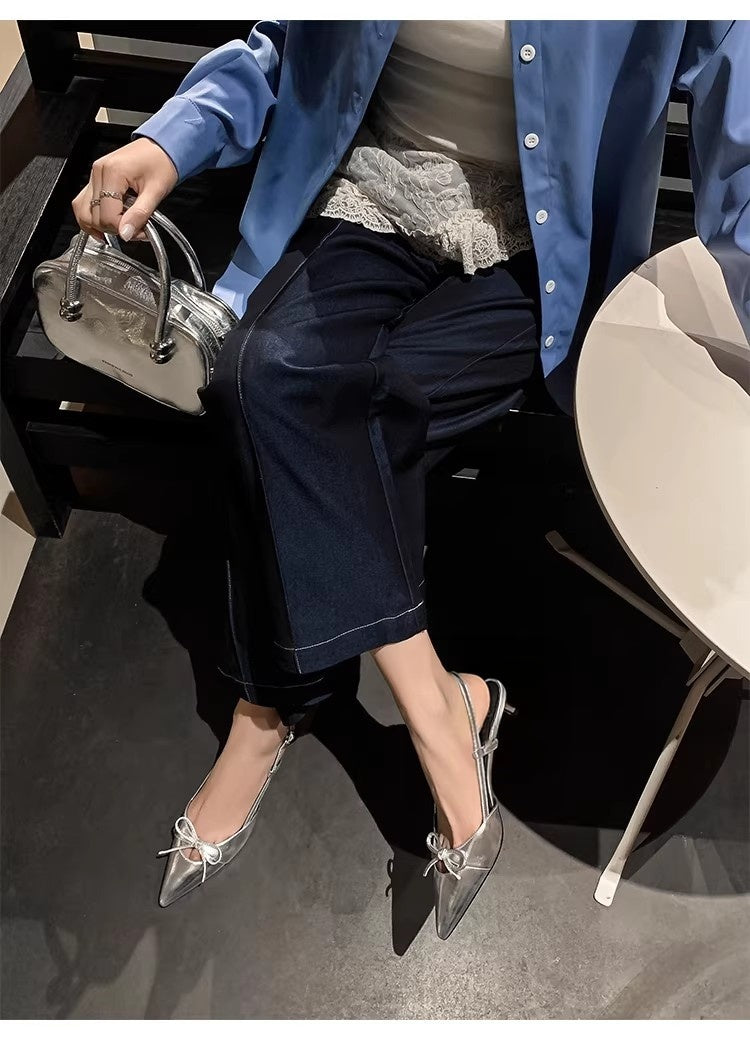 Women's Silver Pointed Toe Bow Slingback Pumps, 2024 Summer New Arrival, Closed Toe Low High Stiletto Heel Sandals