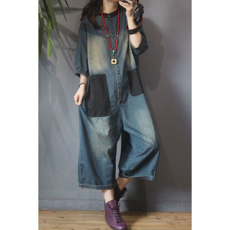 Retro Personality Plus Size Patch Large Pocket Jumpsuit