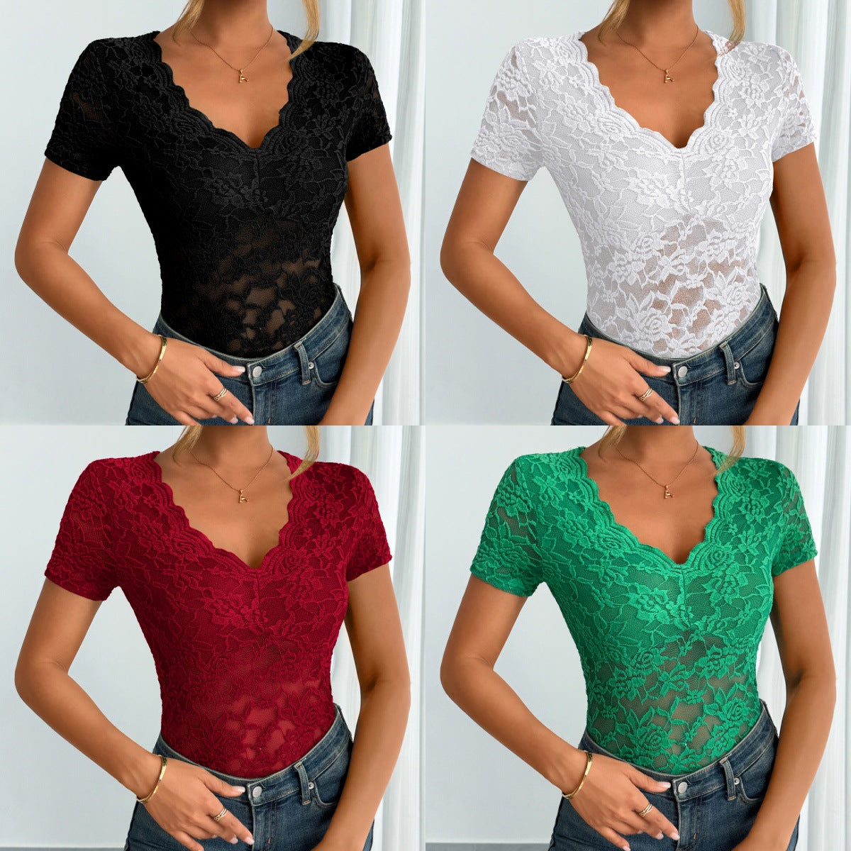 Womens Solid-Color Sexy Lace V-Neck Short-Sleeve Lace Base Top