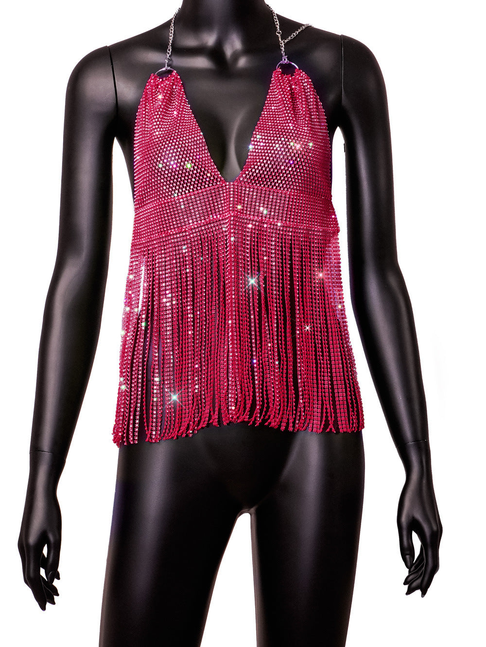 Slim Fit  Back European And American Fishnet Rhinestone Tassel Camisole