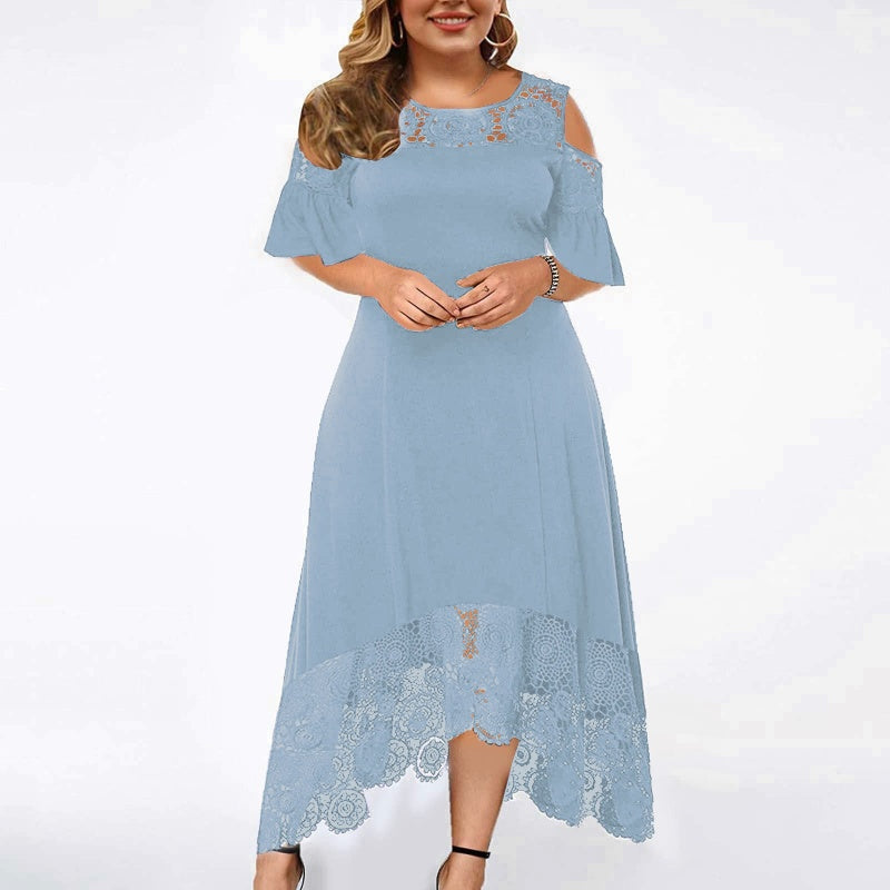 Solid-color Lace High-waist Crew-neck Wrap Dress