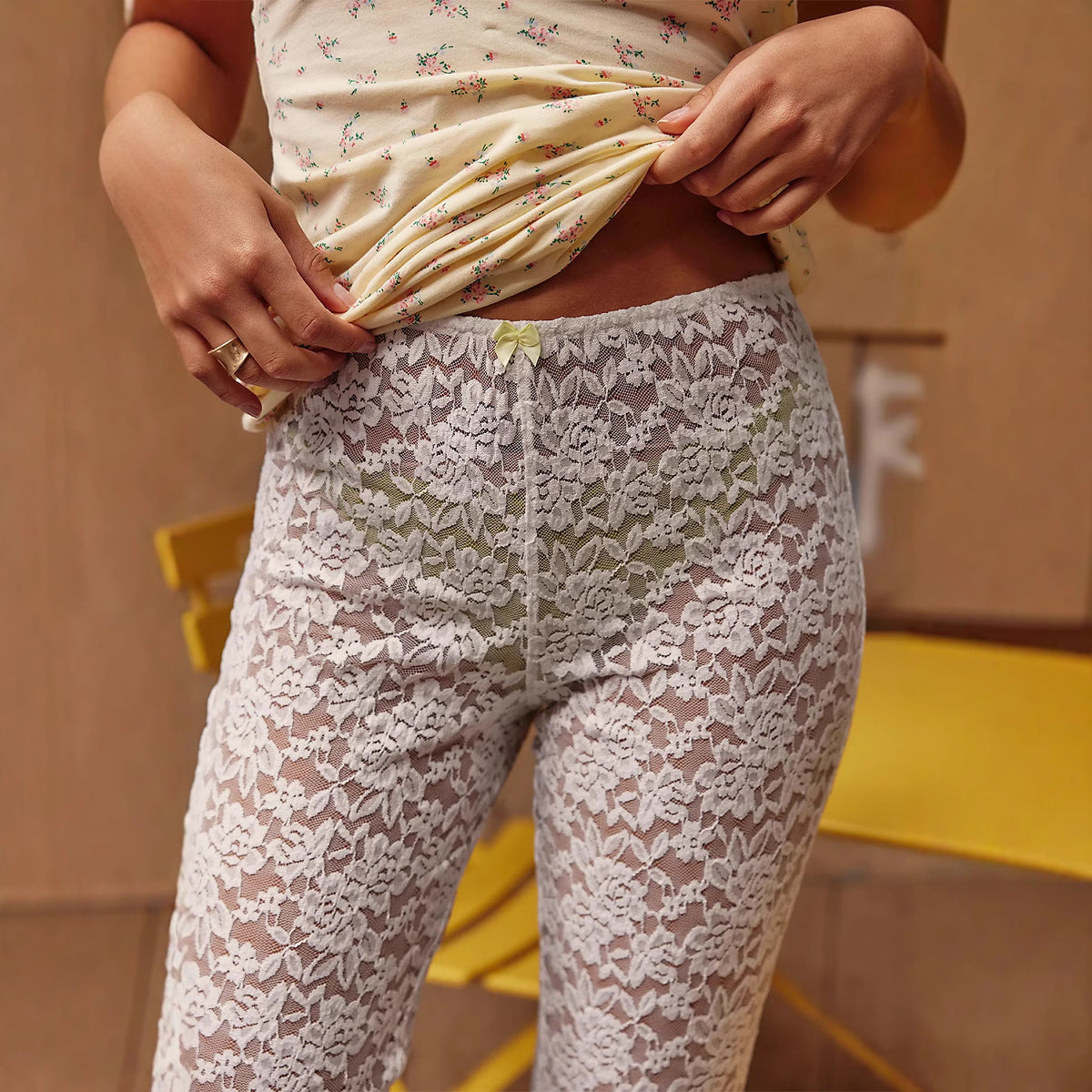 Womens Summer Suspender Lace See Through Sports Shorts