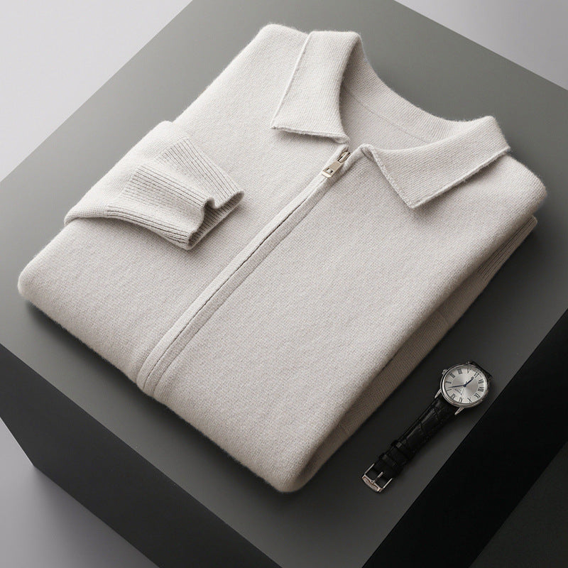 Pure Wool Cardigan Men's Knitted Turn-down Collar Coat