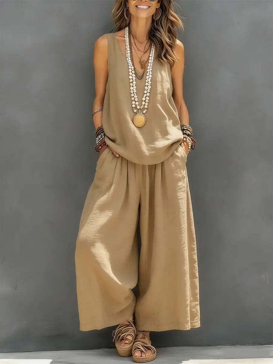 Womens Solid-Colored Casual Sleeveless Tank Top And Wide-Leg Pants Cotton-Linen Set