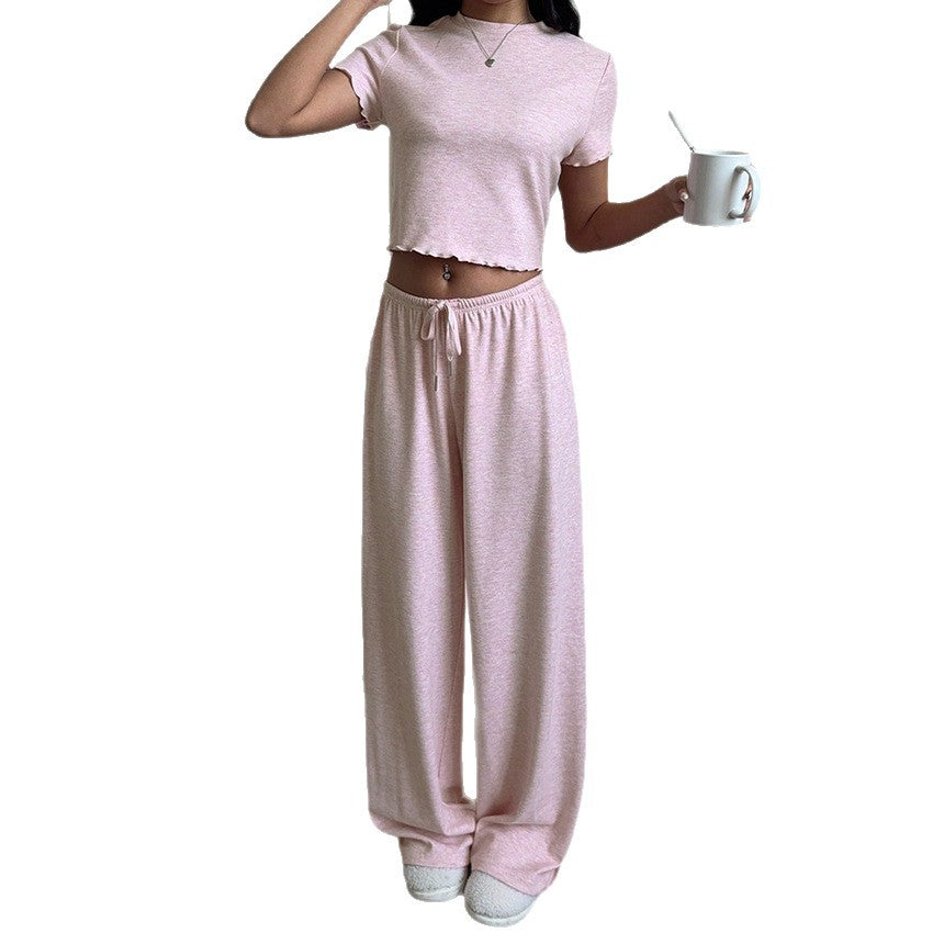 Plain Pink Striped Top And Pants Womens Pajama Set