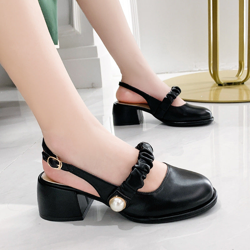 Women's Simple Pearl Chunky Heel Sandals