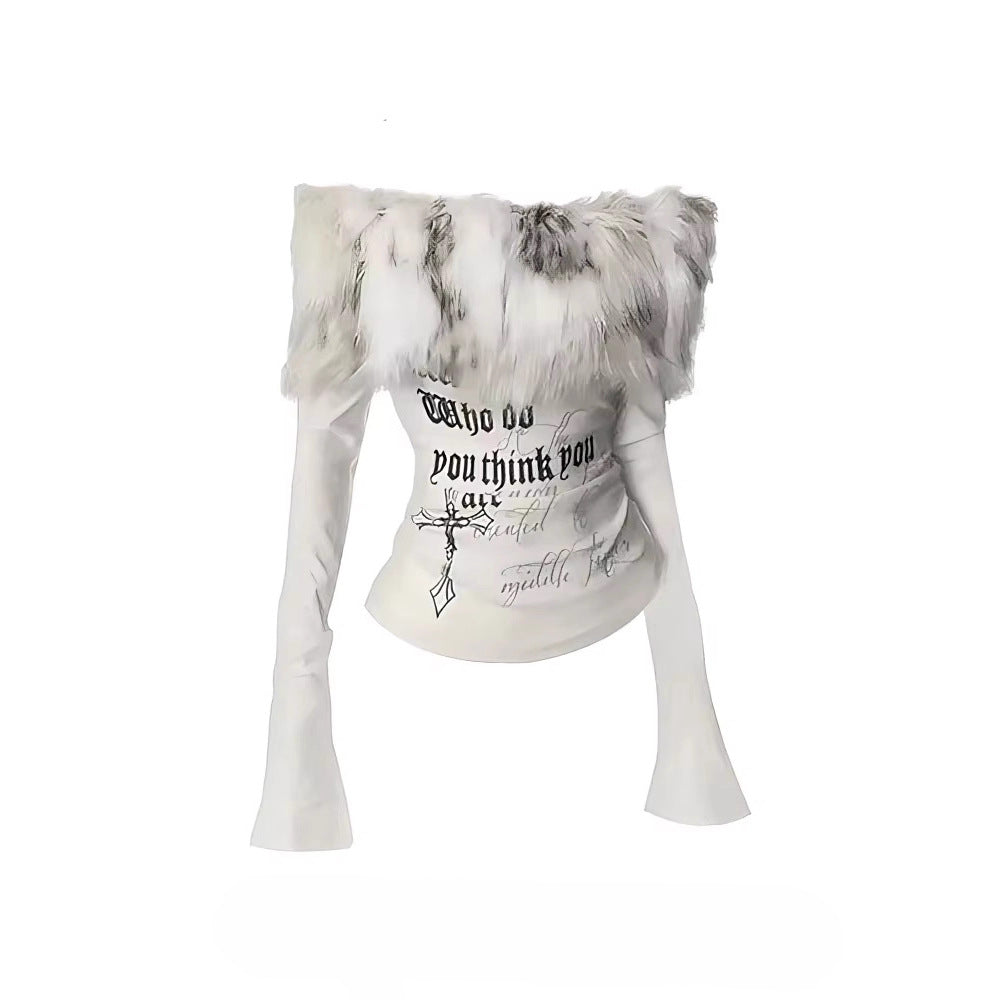Womens American-style Turtleneck Off-shoulder Long-sleeve T-shirt With A Fur Collar