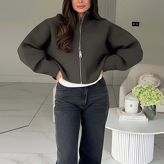 Solid Color Casual Stand Collar Zip Loose Jacket Coat Women