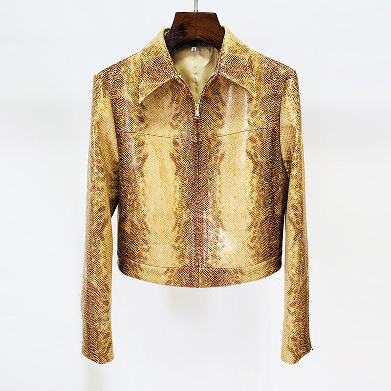 Fashion Snake-print Leather Jacket Coat Flared Pants