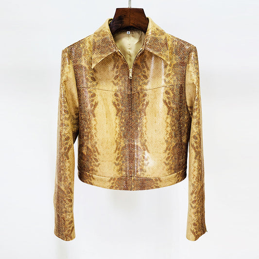 Fashion Snake-print Leather Jacket Coat Flared Pants