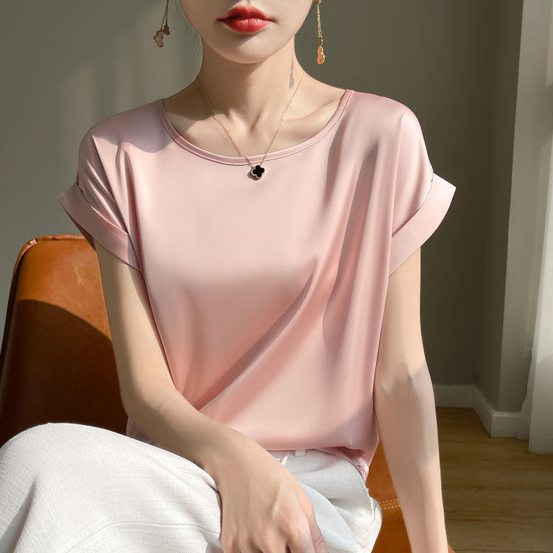 Dame Slim T-shirt Med Korte Ærmer, Rund Hals Og Satinvest