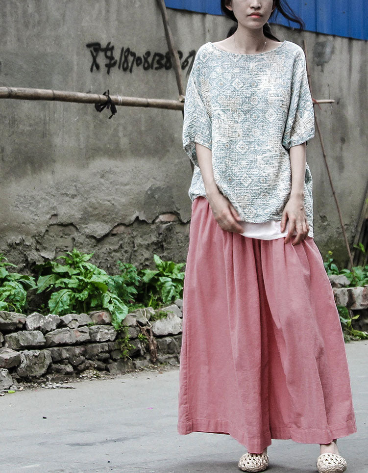Stylish And Personalized Design Cotton And Linen Loose Big Leg Trousers Retro Elastic Waist