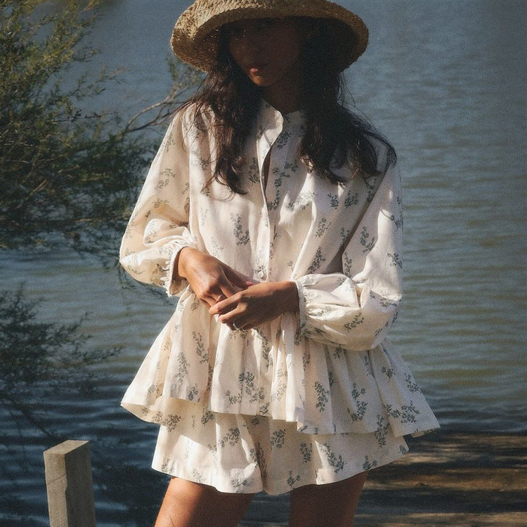 Small High-neck Ruffled Puff Top And Printed Shorts Set