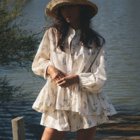 Small High-neck Ruffled Puff Top And Printed Shorts Set