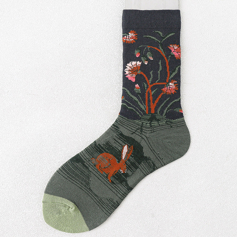Mid Tube Mori Flower Stockings Street Illustration Sports Socks