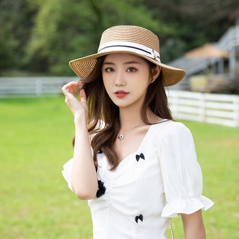 Rhinestone M Standard Flat Top Straw Hat Seaside Shade