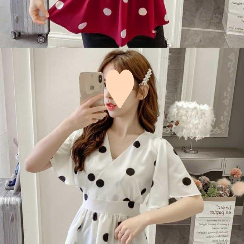 Women's Casual Polka Dot Graceful Collar Lace-up Waist Trimming Shirt
