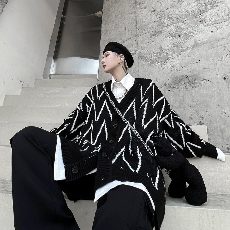 Geometric Pattern Jacquard Men's Oversized Knit Sweater
