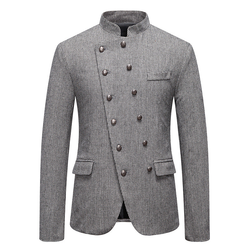 Business Slim-fitting Suit Stand Collar Double Breasted Oblique Placket Costume Men