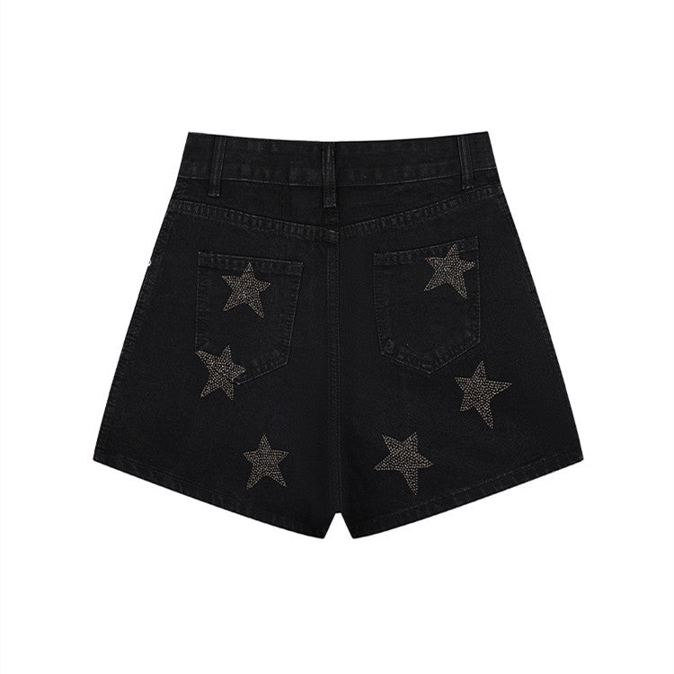 Women's Fashionable High Waist Casual Slim-fit Rhinestone Denim Shorts
