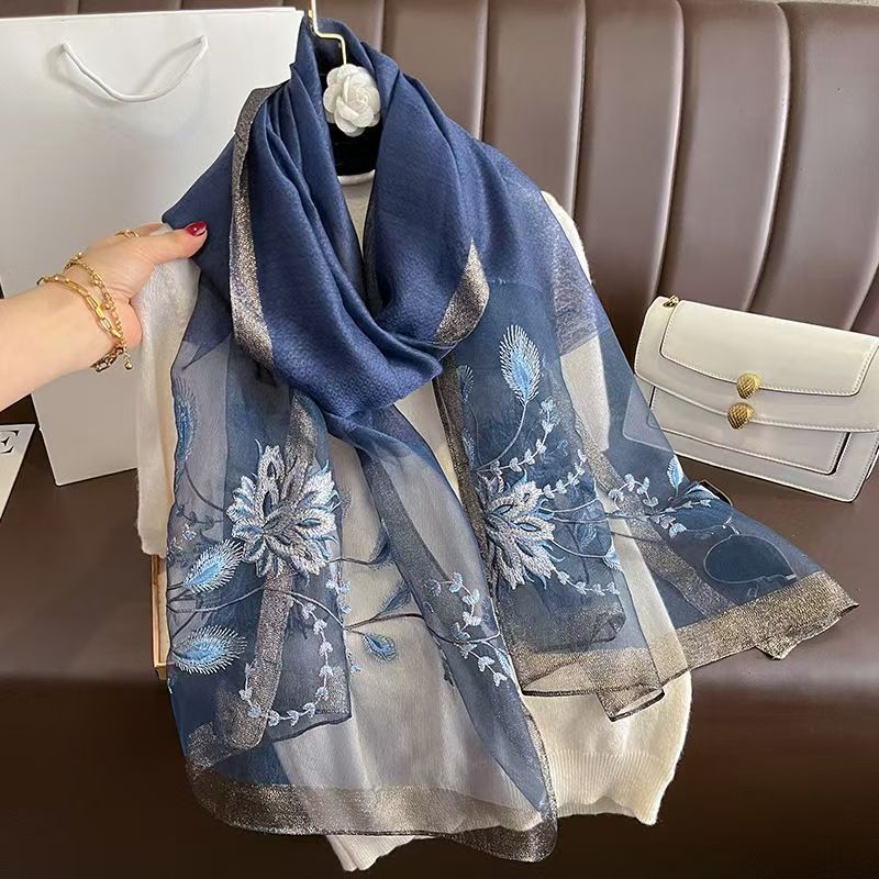 Versatile Embroidered Silk-Feel Thermal Scarf