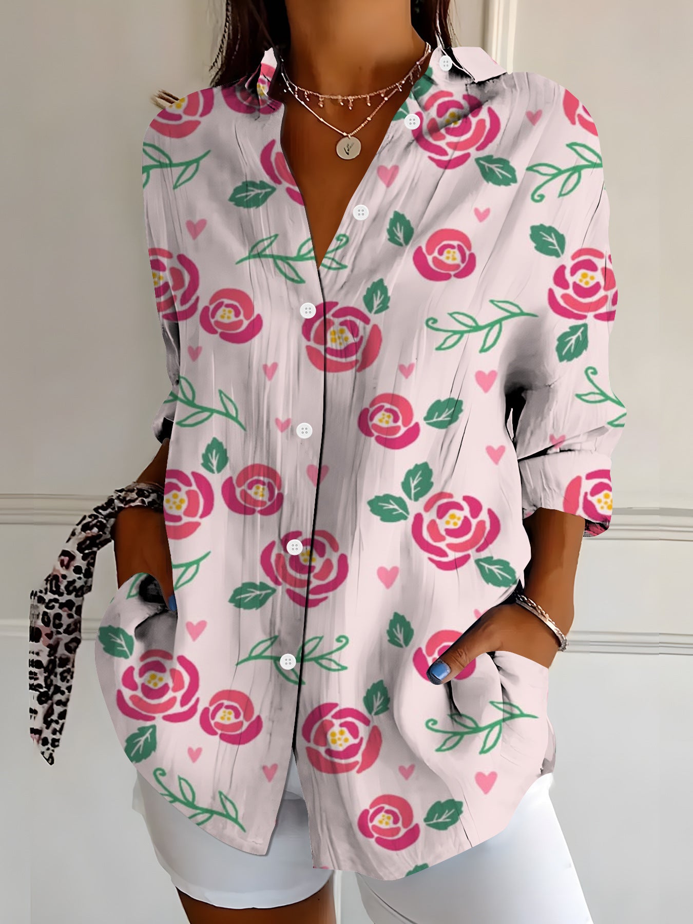 Womens Vibrant Colorful Floral-patterned Long-sleeve Shirt