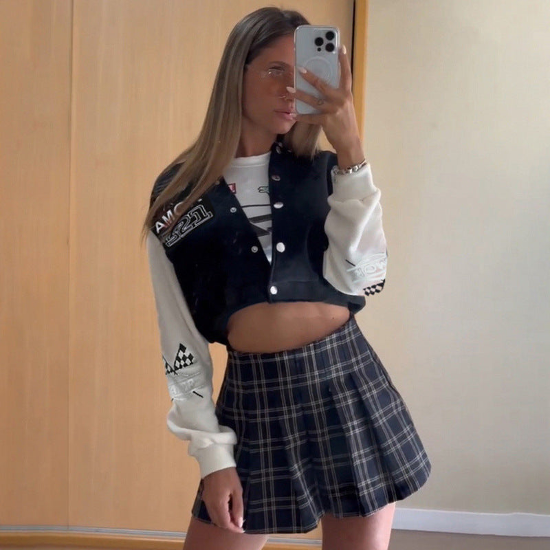 American Retro College Style Color Contrast Patchwork Stand Collar Breasted Baseball Uniform